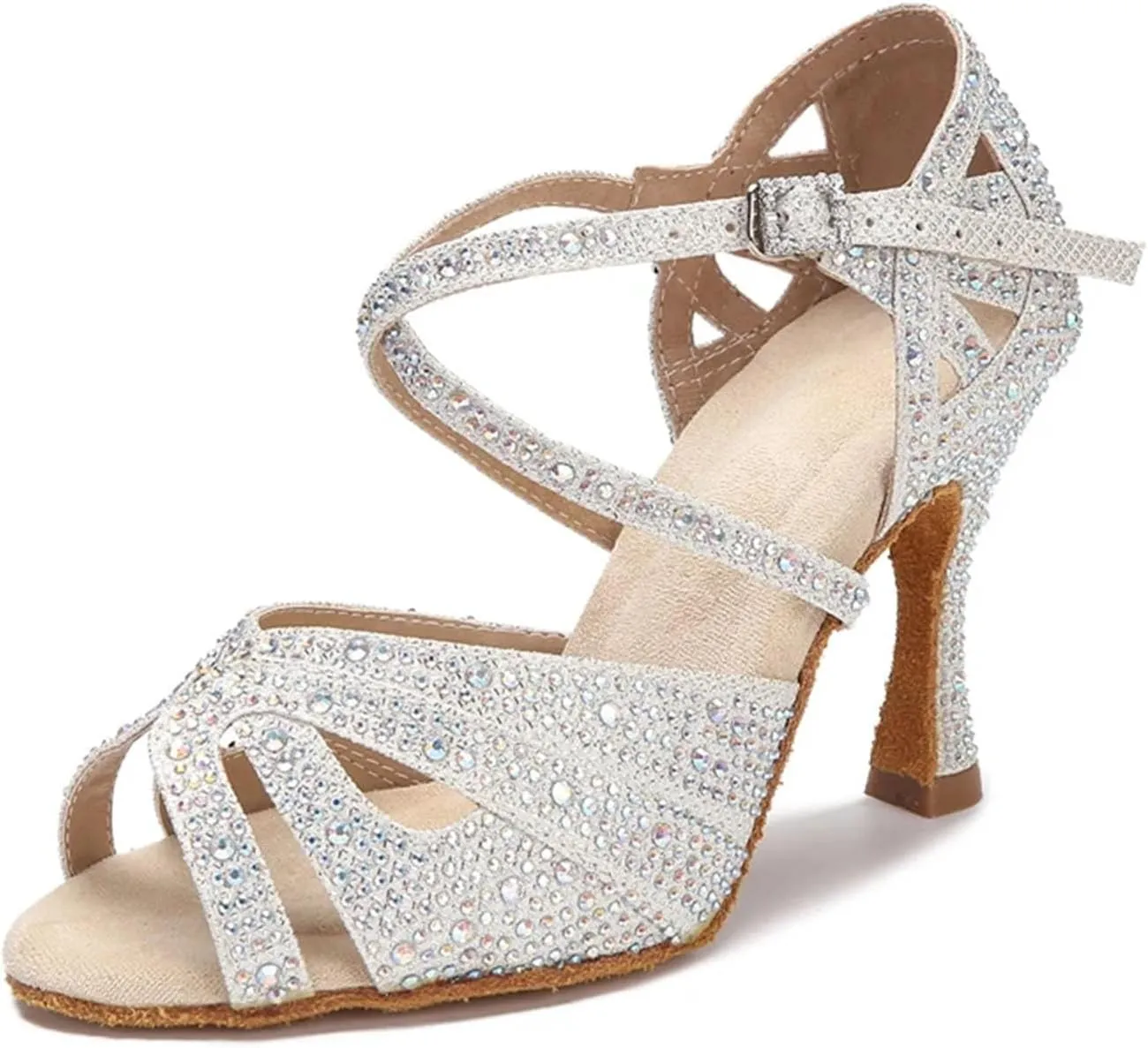 Women's Rhinestone Latin Dance Shoes - Tango Ballroom Soft Sole Wedding Sandals, 10CM/3.9Inch Heel Height
