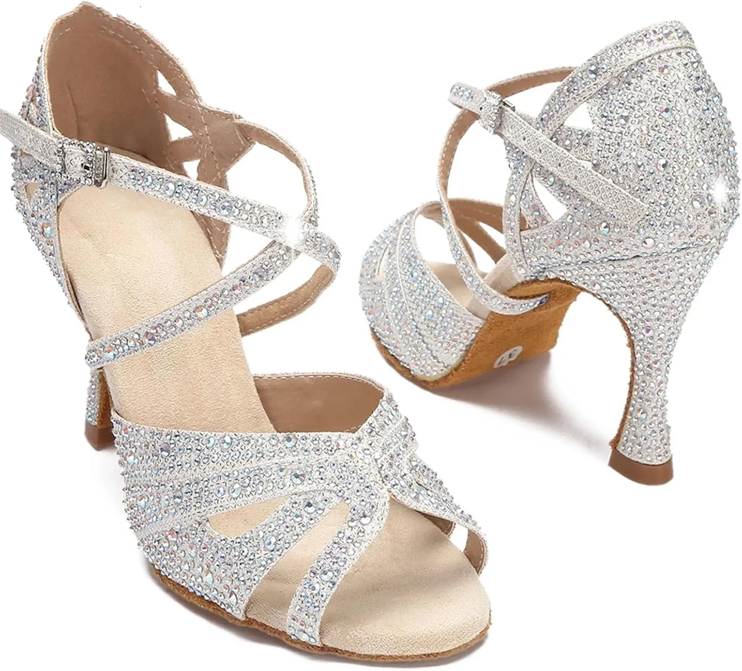 Women's Rhinestone Latin Dance Shoes - Tango Ballroom Soft Sole Wedding Sandals, 10CM/3.9Inch Heel Height
