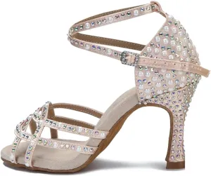 Women's Rhinestone Latin Dance Shoes - Tango Salsa Ballroom Training Wedding Sandals, 10CM/3.9Inch Heel Height