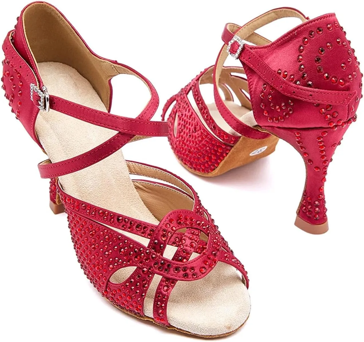 Women's Salsa Dance Shoes - Tango Latin Ballroom High Heel Soft Sole Red Party Sandals, 10CM/3.9Inch Heel Height