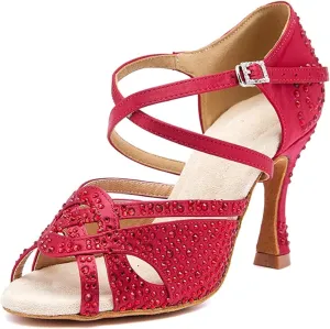Women's Salsa Dance Shoes - Tango Latin Ballroom High Heel Soft Sole Red Party Sandals, 10CM/3.9Inch Heel Height