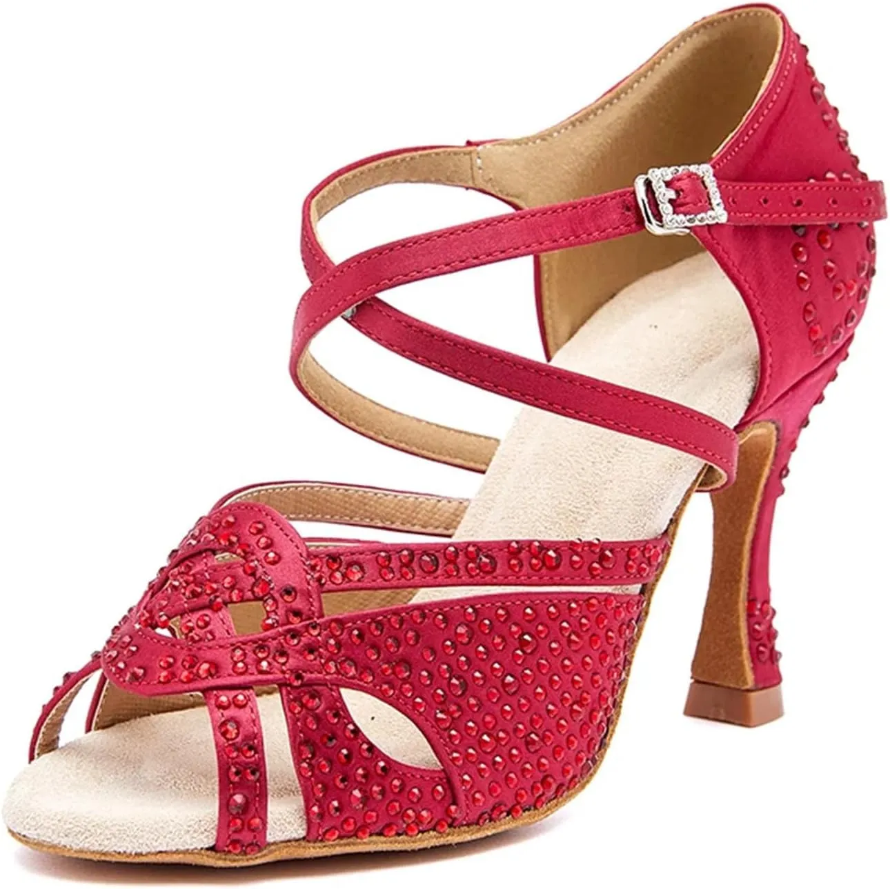 Women's Salsa Dance Shoes - Tango Latin Ballroom High Heel Soft Sole Red Party Sandals, 10CM/3.9Inch Heel Height