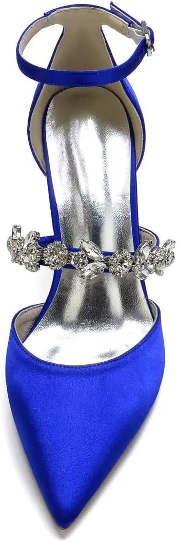 Women's Satin Bridal Heels - Rhinestone Ankle Strap Wedding Pumps, Pointed Toe High Heel Shoes for Bride & Prom, Elegant Cocktail Party & Ceremony Dress Shoes