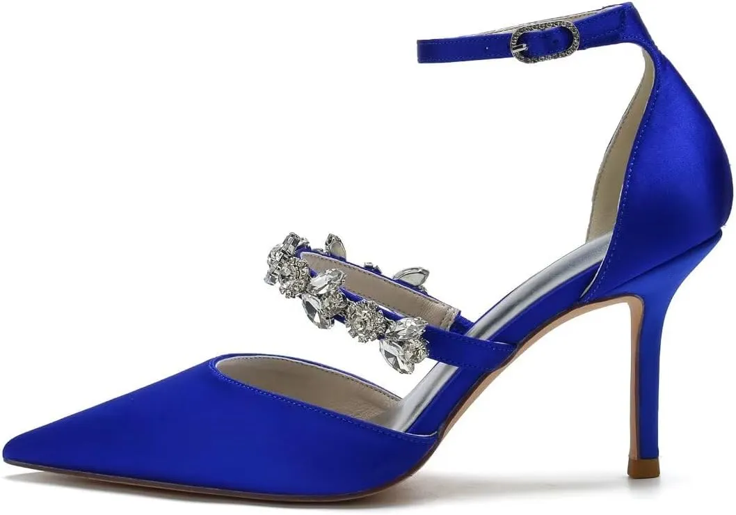 Women's Satin Bridal Heels - Rhinestone Ankle Strap Wedding Pumps, Pointed Toe High Heel Shoes for Bride & Prom, Elegant Cocktail Party & Ceremony Dress Shoes