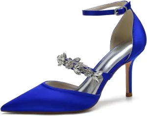 Women's Satin Bridal Heels - Rhinestone Ankle Strap Wedding Pumps, Pointed Toe High Heel Shoes for Bride & Prom, Elegant Cocktail Party & Ceremony Dress Shoes