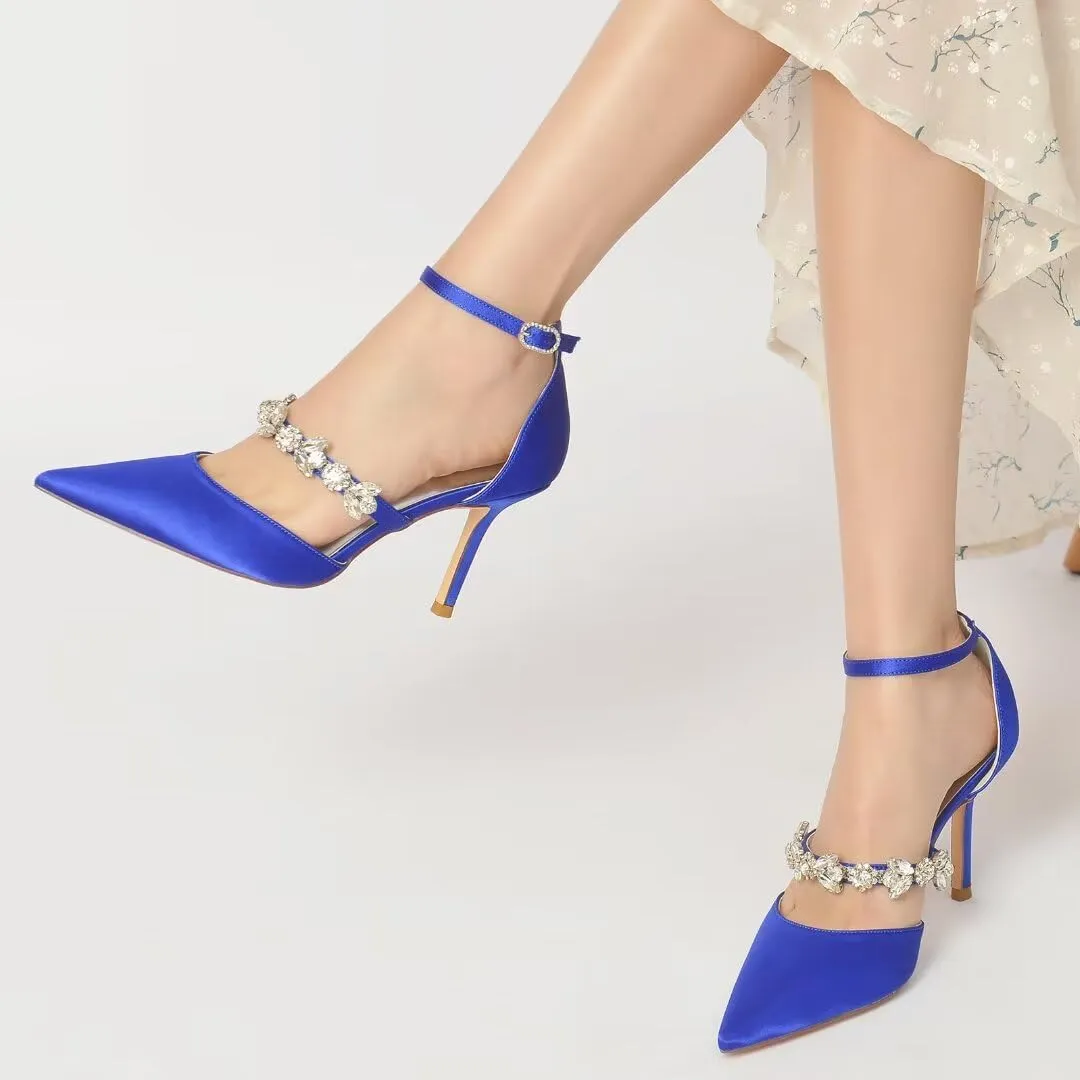 Women's Satin Bridal Heels - Rhinestone Ankle Strap Wedding Pumps, Pointed Toe High Heel Shoes for Bride & Prom, Elegant Cocktail Party & Ceremony Dress Shoes