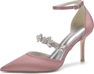 Women's Satin Bridal Heels - Rhinestone Ankle Strap Wedding Pumps, Pointed Toe High Heel Shoes for Bride & Prom, Elegant Cocktail Party & Ceremony Dress Shoes