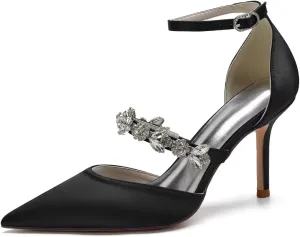Women's Satin Bridal Heels - Rhinestone Ankle Strap Wedding Pumps, Pointed Toe High Heel Shoes for Bride & Prom, Elegant Cocktail Party & Ceremony Dress Shoes