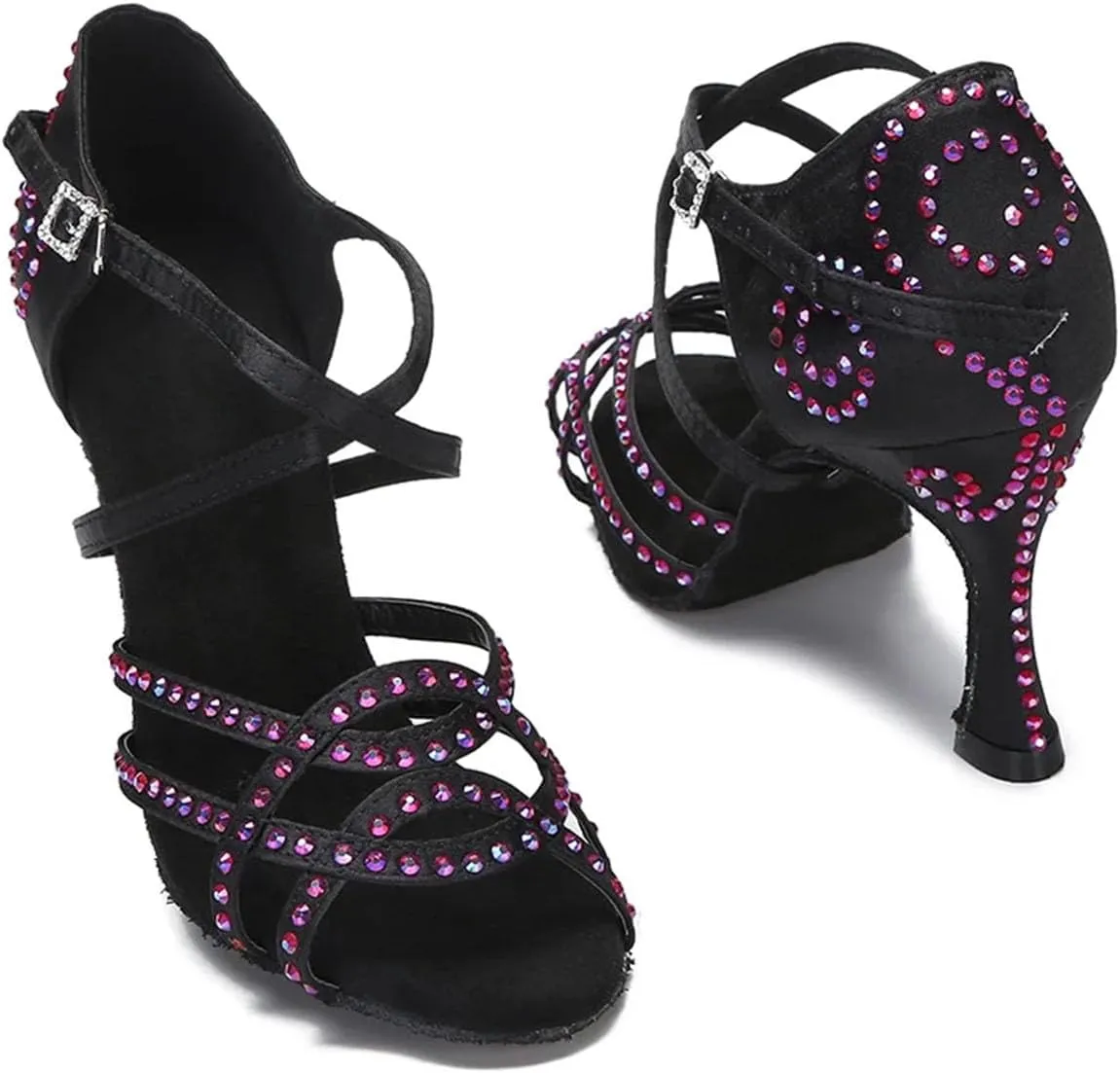 Women's Satin Latin Dance Shoes - Shining Rhinestone Soft Bottom Ballroom Sandals, 10CM/3.9Inch Heel Height