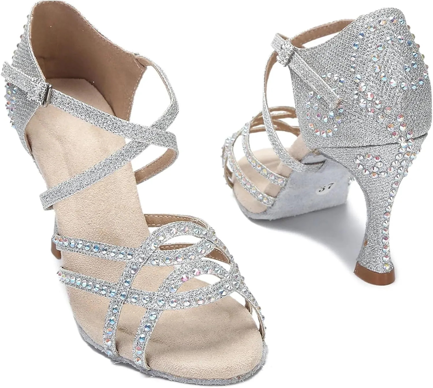 Women's Satin Latin Dance Shoes - Shining Rhinestone Soft Bottom Ballroom Sandals, 10CM/3.9Inch Heel Height