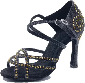 Women's Satin Latin Dance Shoes - Shining Rhinestone Soft Bottom Ballroom Sandals, 10CM/3.9Inch Heel Height