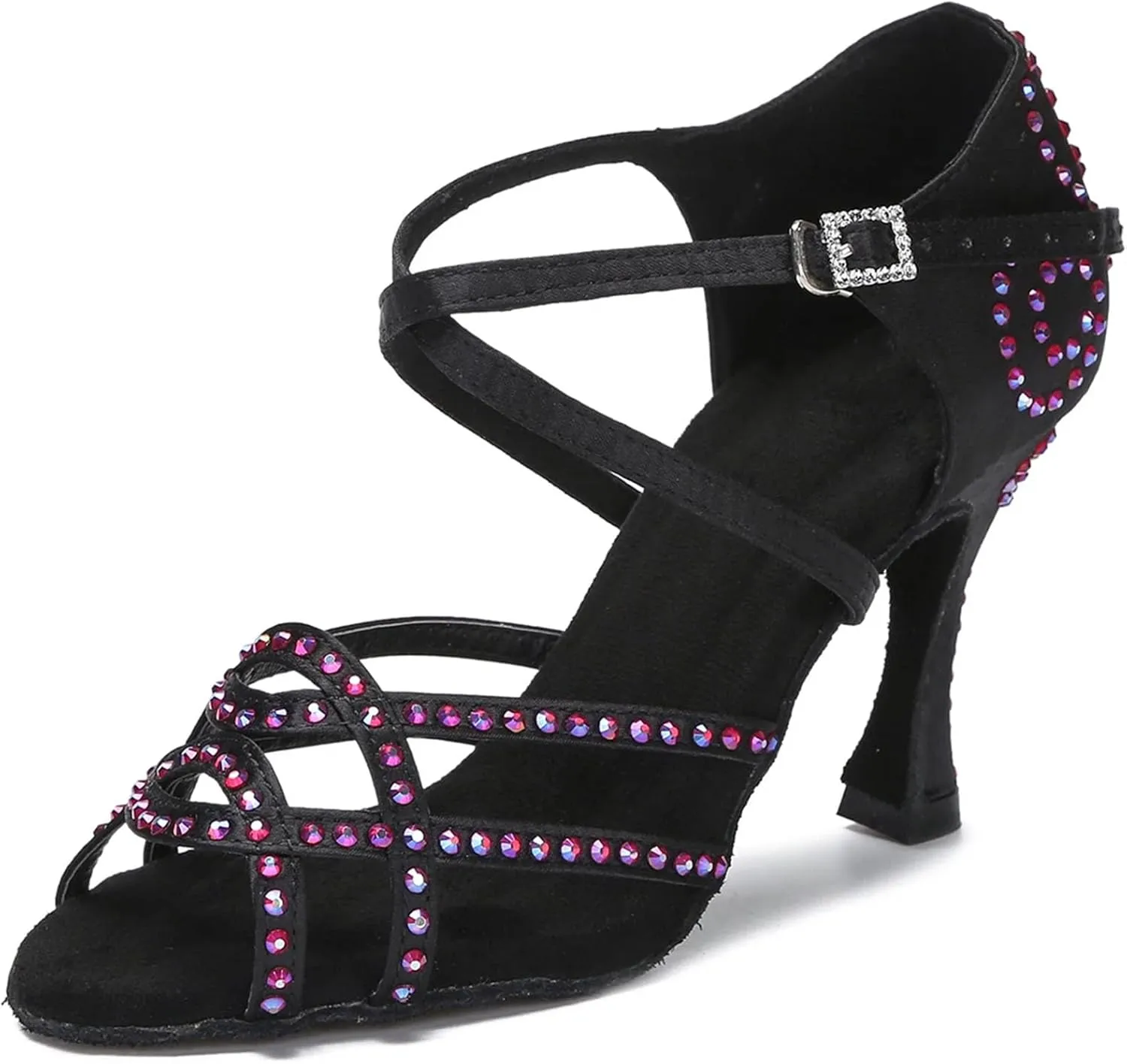 Women's Satin Latin Dance Shoes - Shining Rhinestone Soft Bottom Ballroom Sandals, 10CM/3.9Inch Heel Height