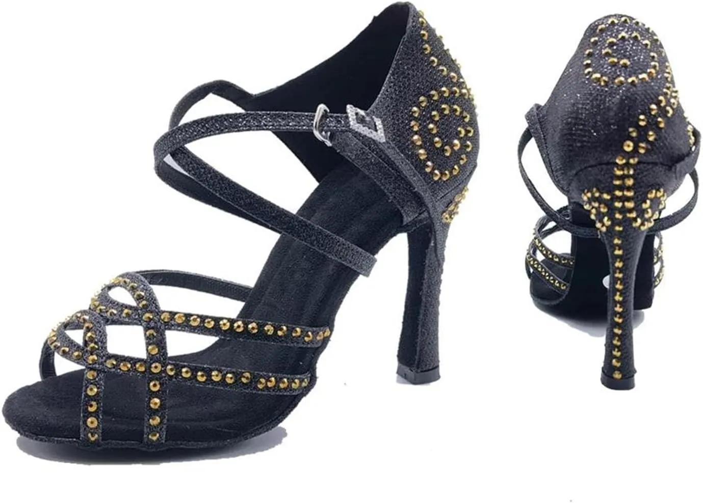 Women's Satin Latin Dance Shoes - Shining Rhinestone Soft Bottom Ballroom Sandals, 10CM/3.9Inch Heel Height