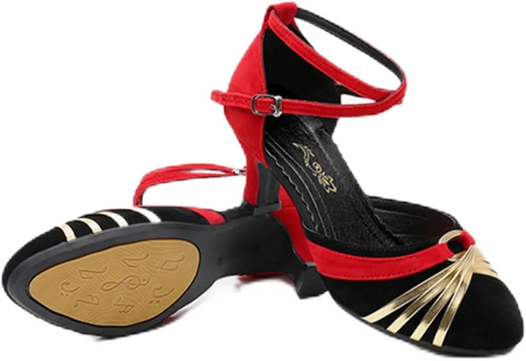 Women's Suede Latin Dance Shoes Performance Ballroom Standard Adult Two Mid-Heeled Soft Thick Sole Closed Toe Dancing Shoes