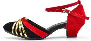 Women's Suede Latin Dance Shoes Performance Ballroom Standard Adult Two Mid-Heeled Soft Thick Sole Closed Toe Dancing Shoes
