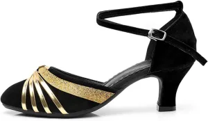 Women's Suede Latin Dance Shoes Performance Ballroom Standard Adult Two Mid-Heeled Soft Thick Sole Closed Toe Dancing Shoes